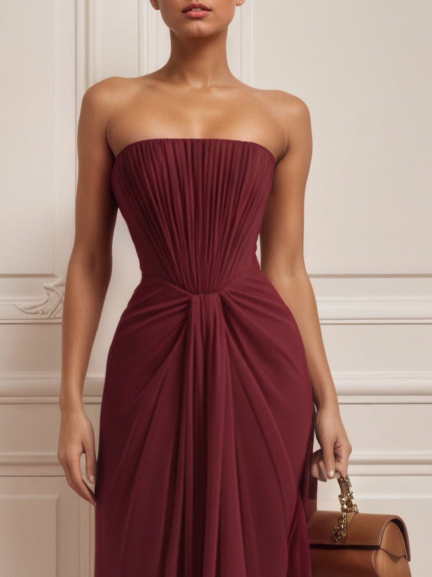 Burgundy Pleated Classic Strapless Sleeveless Sheath Gown Dress