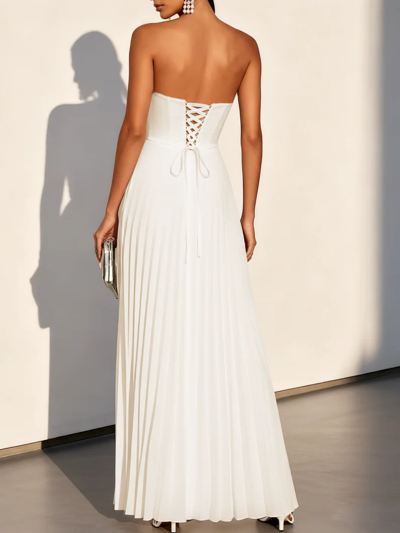 White Pleated Classic Strapless Sleeveless A-Line Maxi Dress