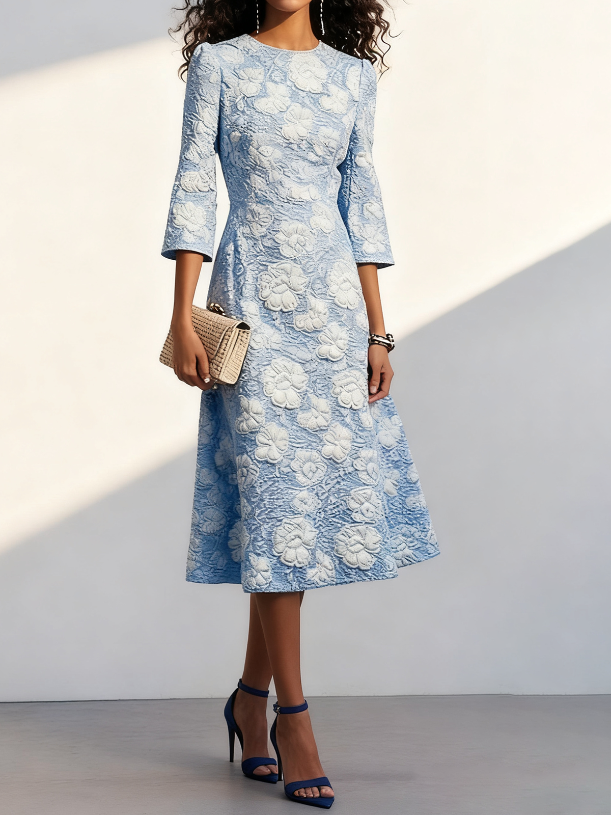 Blue Floral Jacquard Classic Crew Neck Three Quarter Sleeve A-Line Midi Dress