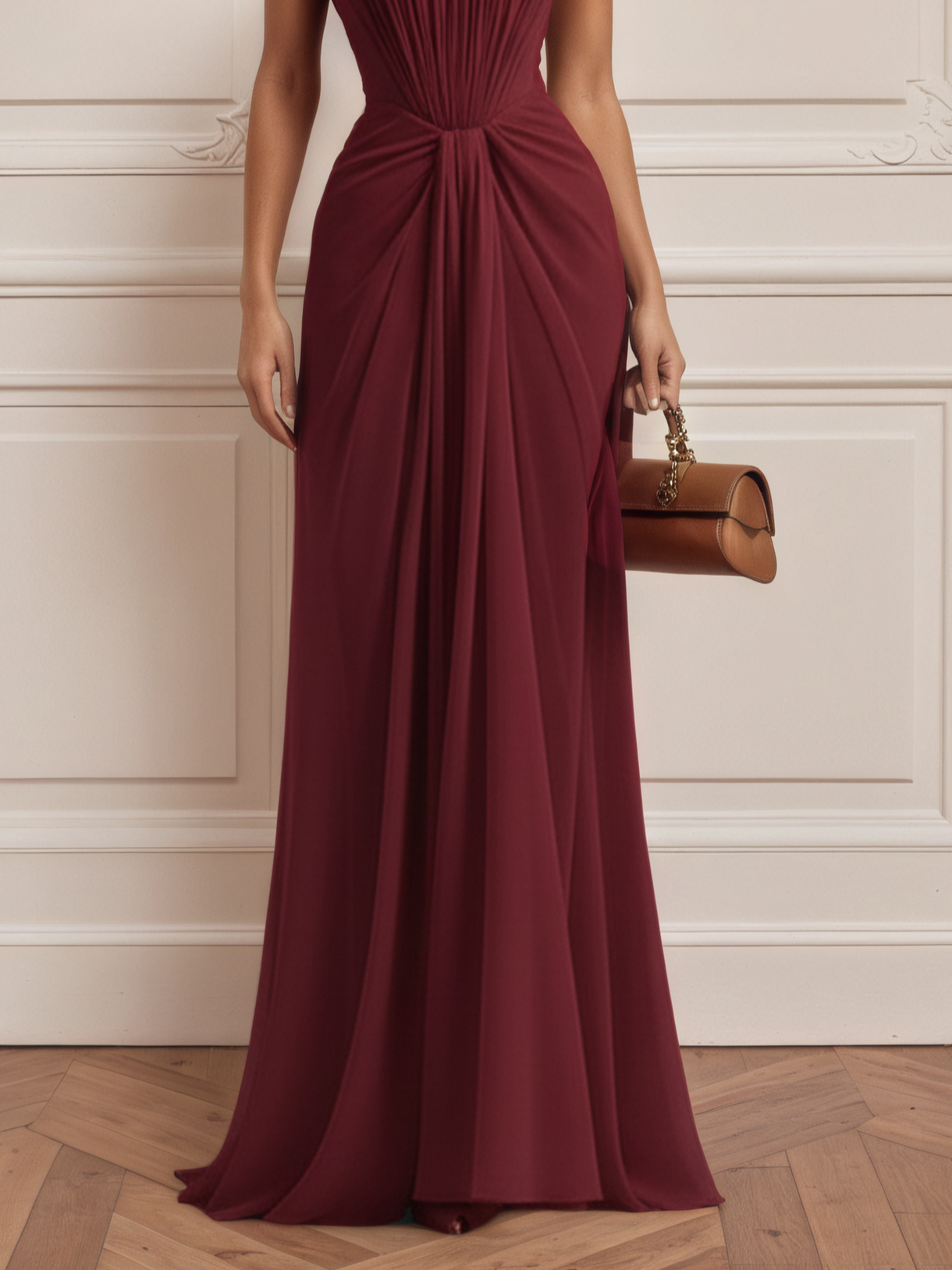Burgundy Pleated Classic Strapless Sleeveless Sheath Gown Dress