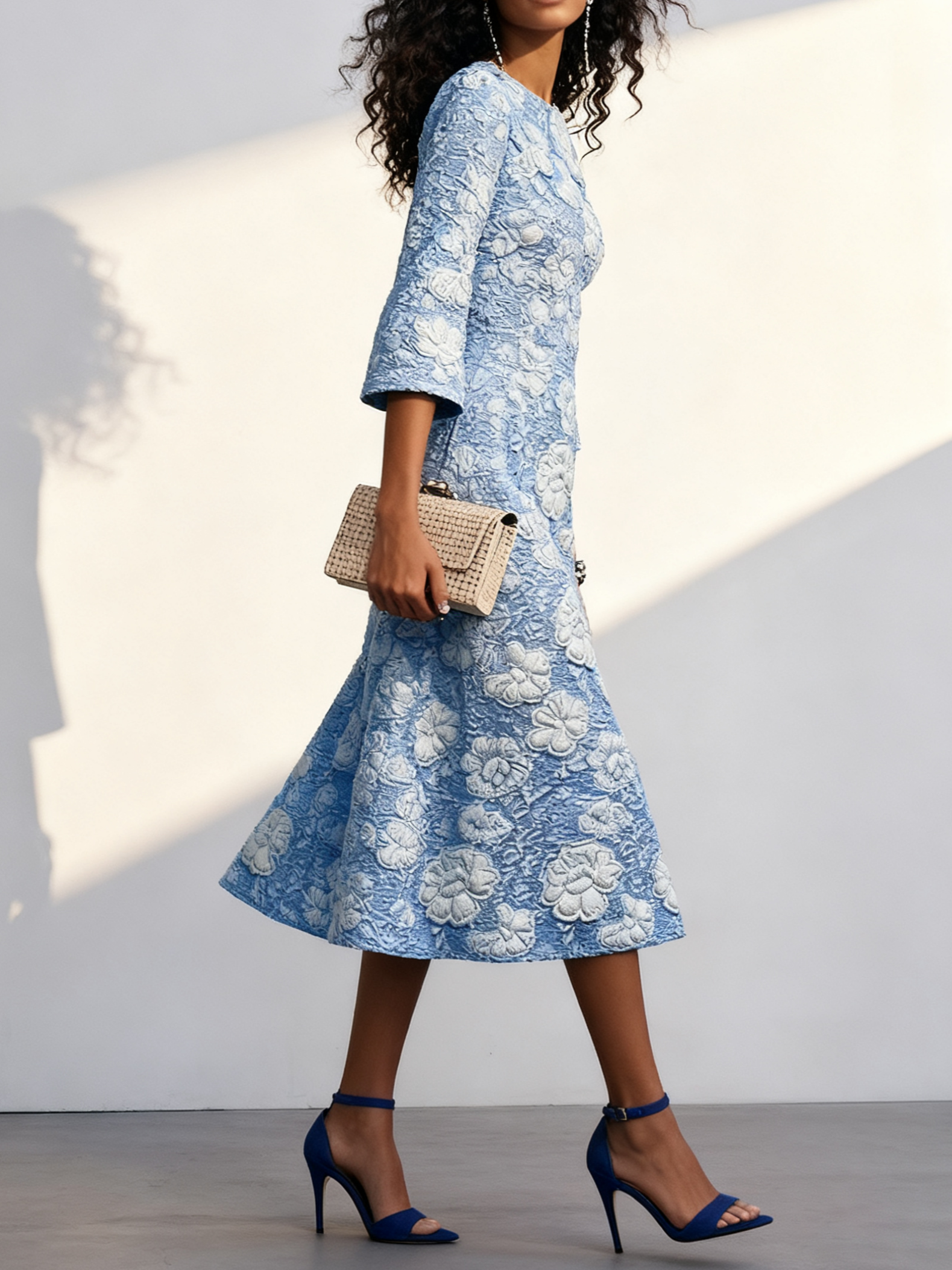 Blue Floral Jacquard Classic Crew Neck Three Quarter Sleeve A-Line Midi Dress