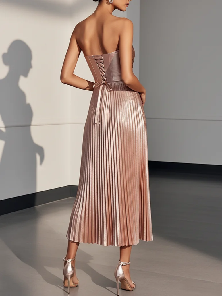 Rose Gold Pleated Satin Strapless Sleeveless A-Line Midi Dress
