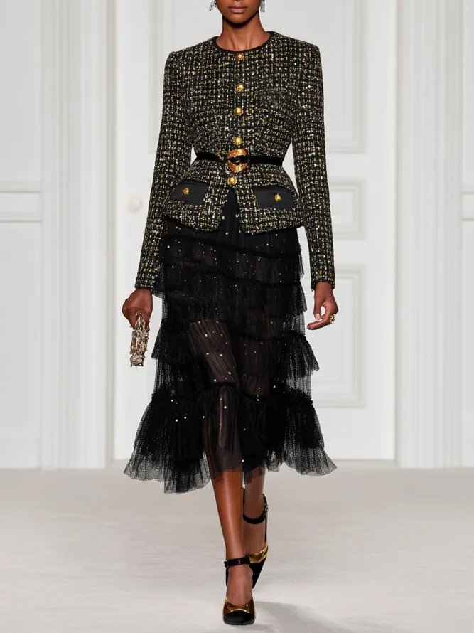 Women Black Tweed Tulle Buckle Stamped Bronzing Crew Neck Long Sleeve Dressy Coat With Skirt Two-Piece Set