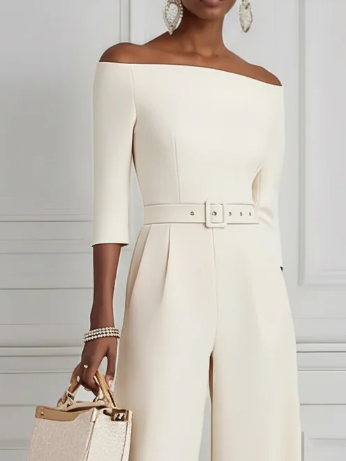 Women White Off The Shoulder Half Sleeve Dressy Jumpsuit With Pockets