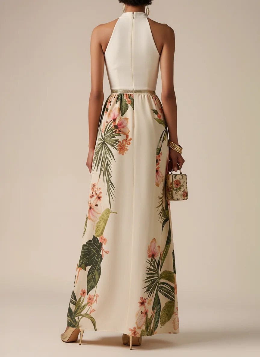 Beige Bow Satin Halter Floral Sleeveless A-Line Maxi Dress