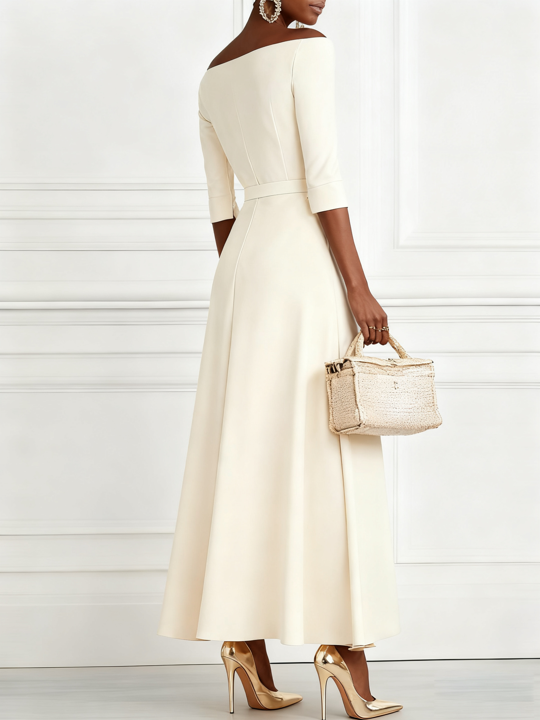 White Classic Off The Shoulder Half Sleeve A-Line Maxi Dress