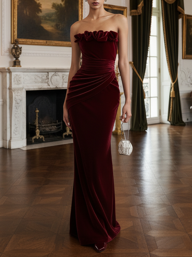 Wine Red 3D Floral Velvet Strapless Sleeveless Sheath Maxi Dress
