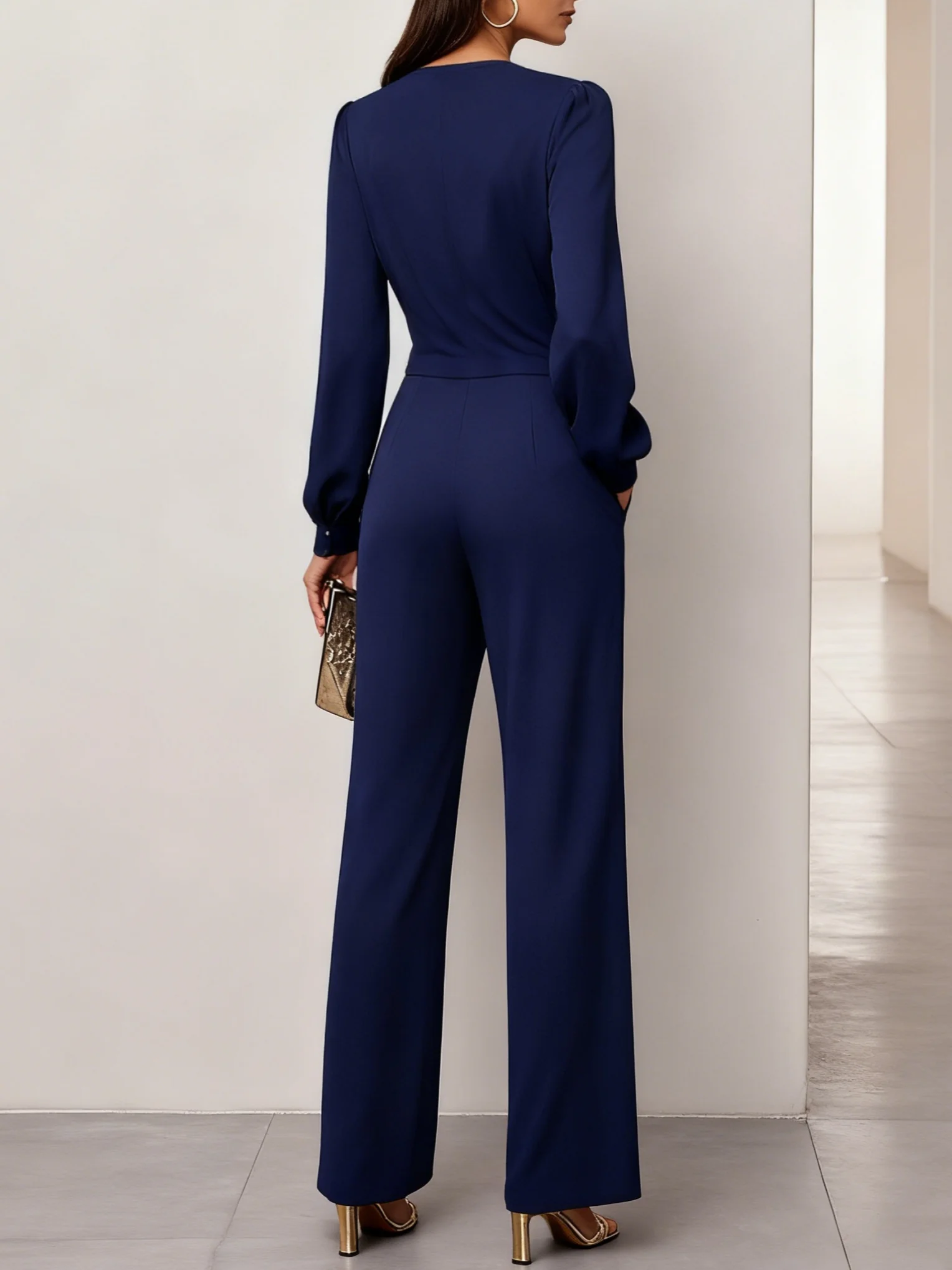 Women Purplish Blue Knot Front Deep V Neck Long Sleeve Balloon Sleeve Dressy Jumpsuit