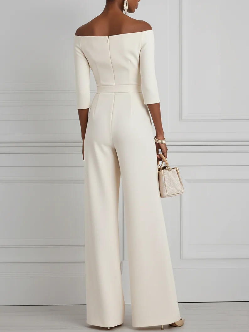 Women White Off The Shoulder Half Sleeve Dressy Jumpsuit With Pockets