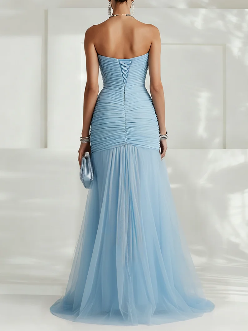 Light Blue Ruched Slit Tulle Strapless Sleeveless Sheath Gown Dress