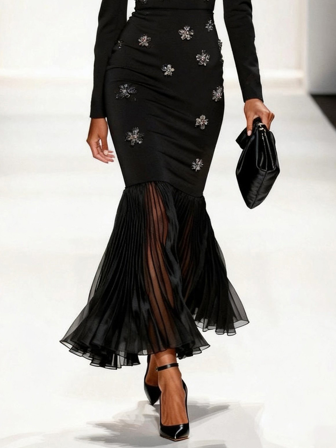 Black Pleated 3D Floral Velvet Mermaid Maxi Dress