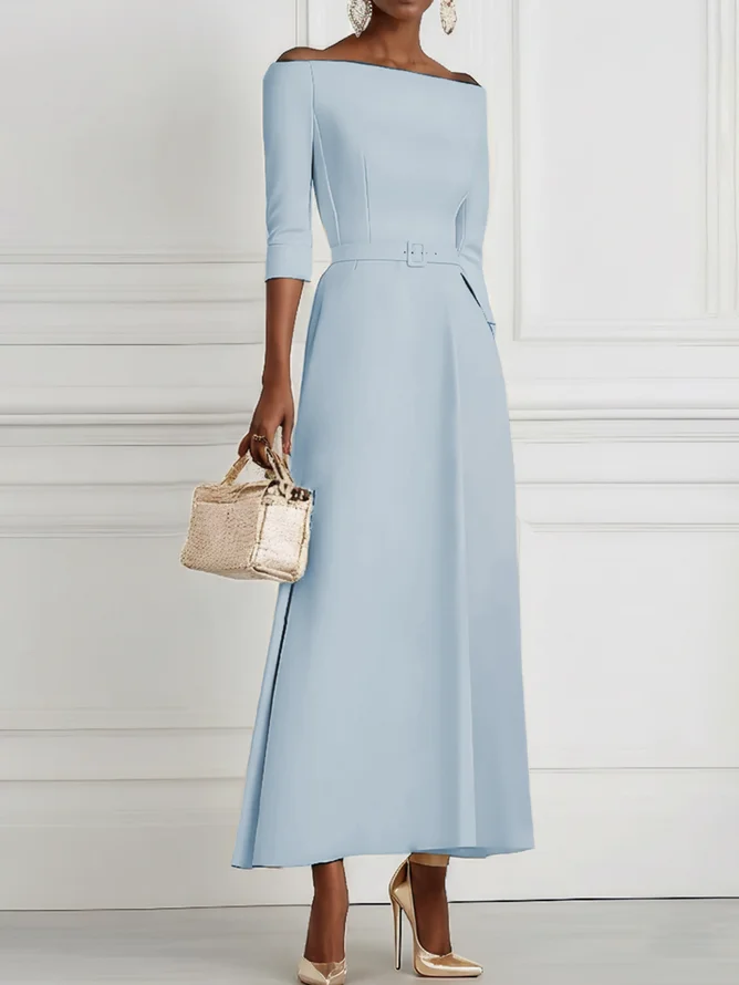 Light Blue Classic Off The Shoulder Half Sleeve A-Line Maxi Dress