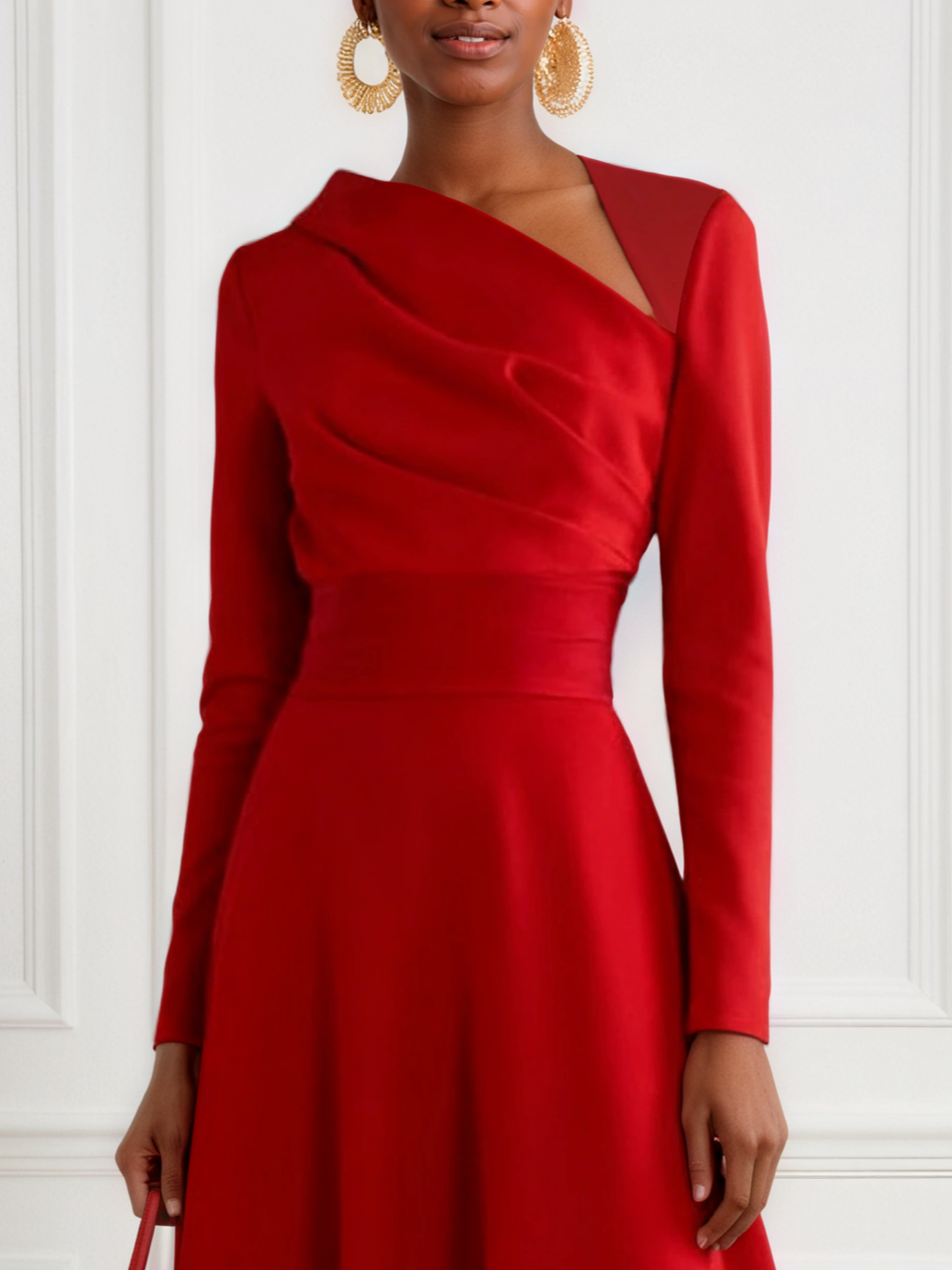 Red Classic Asymmetrical Long Sleeve A-Line Midi Dress