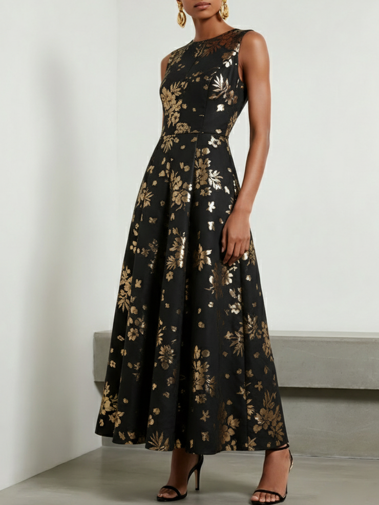 Black Stamped Bronzing Satin Crew Neck Sleeveless A-Line Maxi Dress