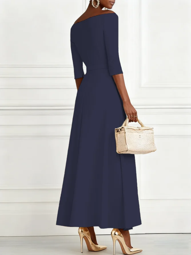 Purplish Blue Classic Off The Shoulder Half Sleeve A-Line Maxi Dress