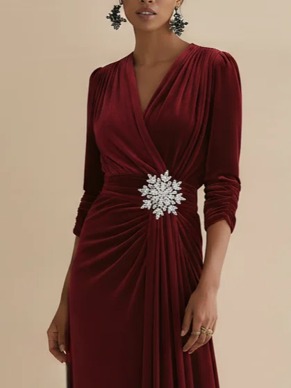 Burgundy Rhinestone Ruched Velvet V Neck Long Sleeve A-Line Gown Dress