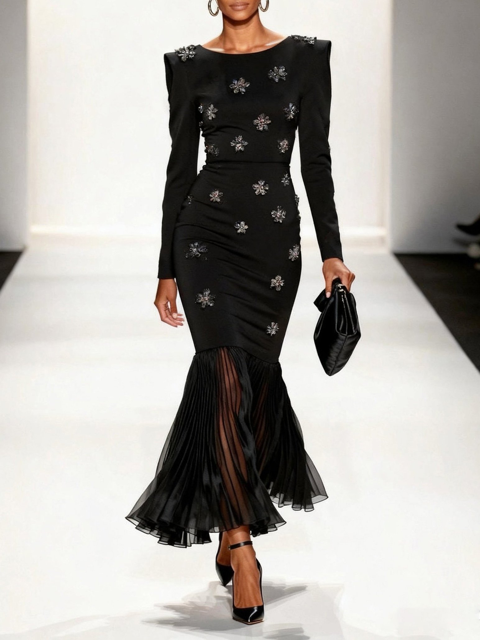 Black Pleated 3D Floral Velvet Mermaid Maxi Dress
