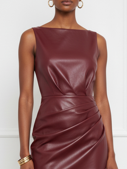 Burgundy Faux Leather Lace Ruched Classic Boat Neck Sleeveless Shift Midi Dress