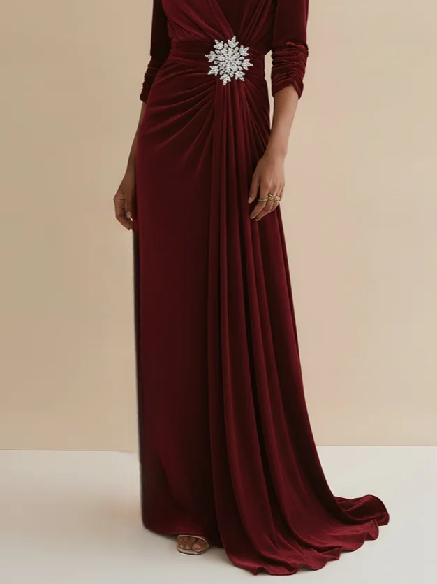 Burgundy Rhinestone Ruched Velvet V Neck Long Sleeve A-Line Gown Dress