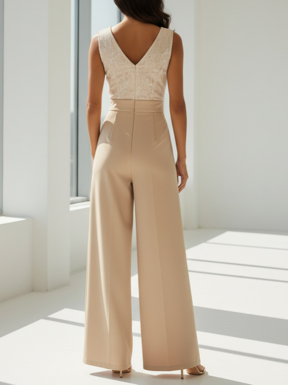 Women Apricot V Neck Sleeveless Jumpsuit