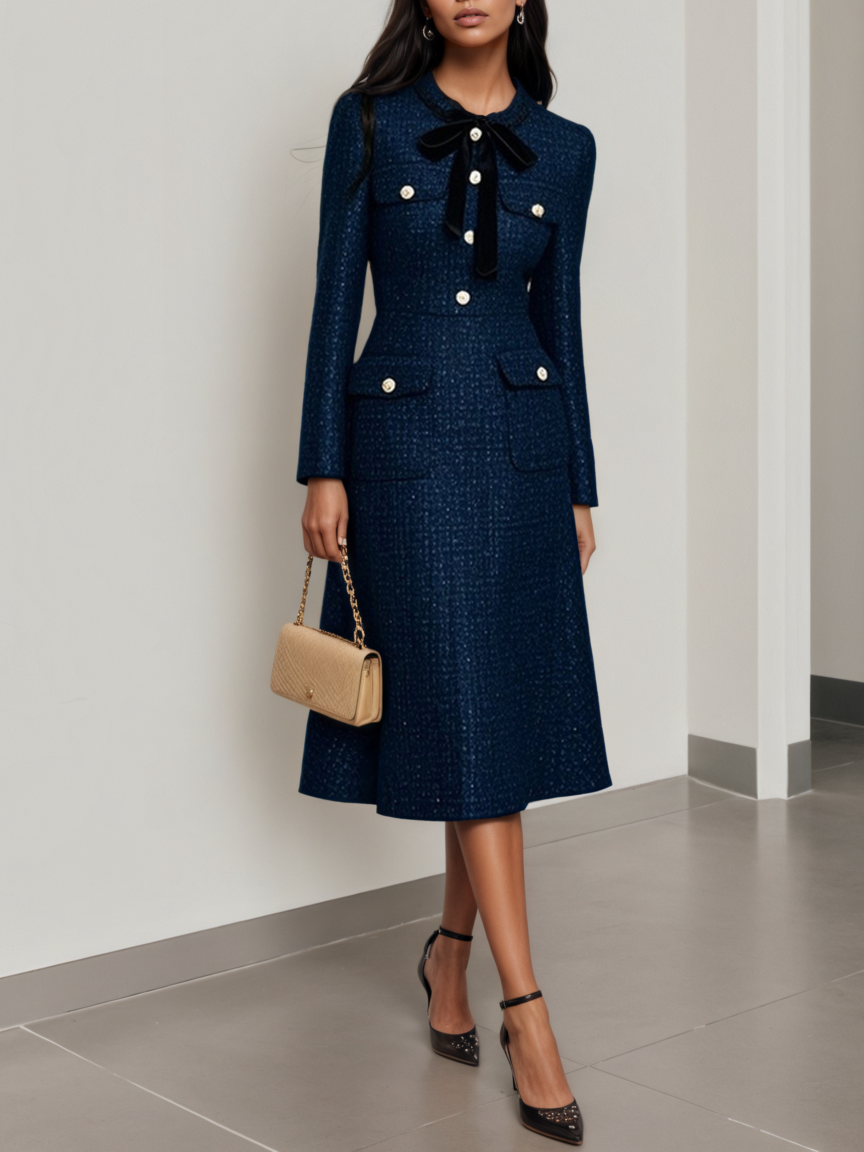Dark Blue Bow Buckle Tweed Crew Neck Long Sleeve A-Line Midi Dress