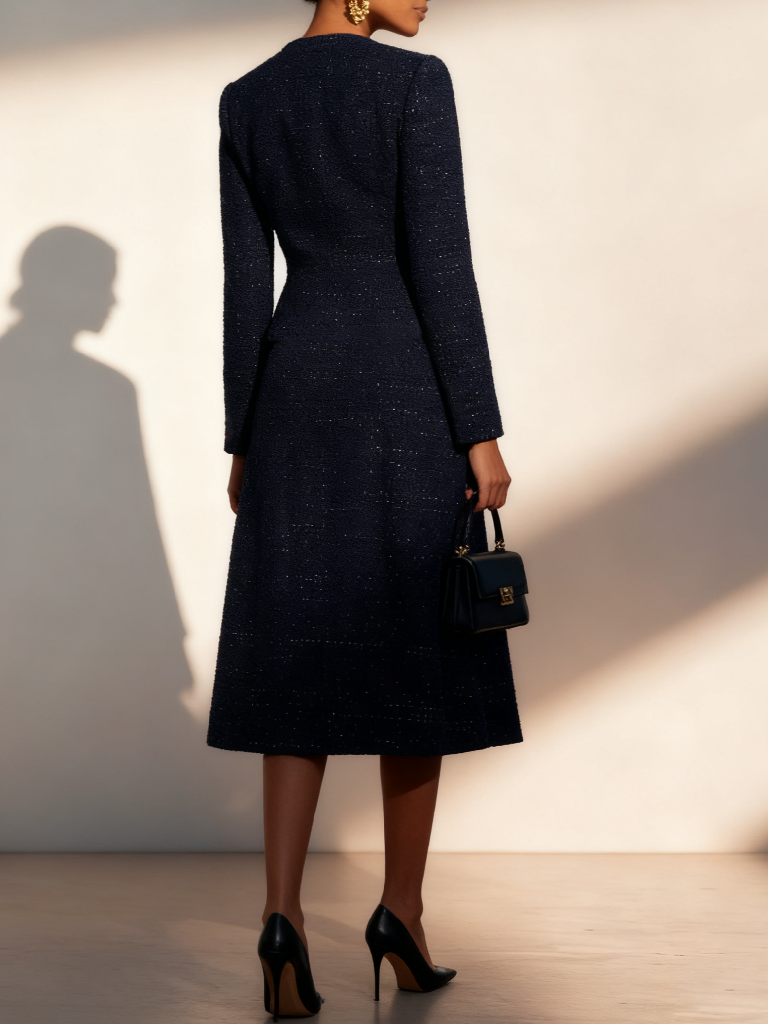Dark Blue Bow Buckle Tweed Crew Neck Long Sleeve A-Line Midi Dress