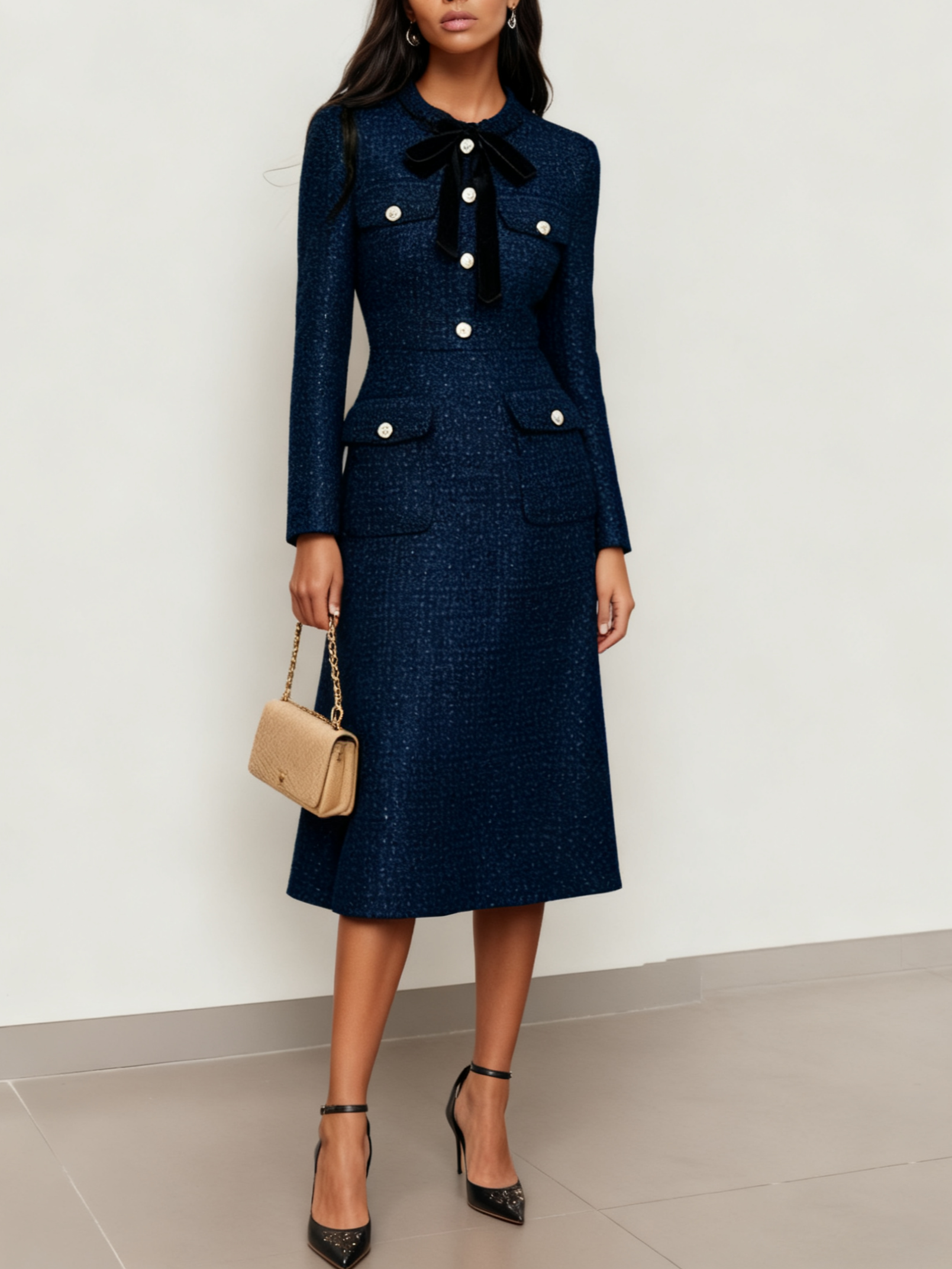 Dark Blue Bow Buckle Tweed Crew Neck Long Sleeve A-Line Midi Dress