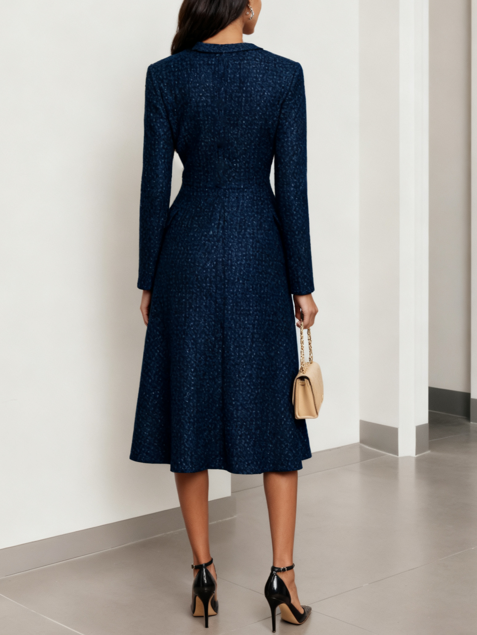 Dark Blue Bow Buckle Tweed Crew Neck Long Sleeve A-Line Midi Dress