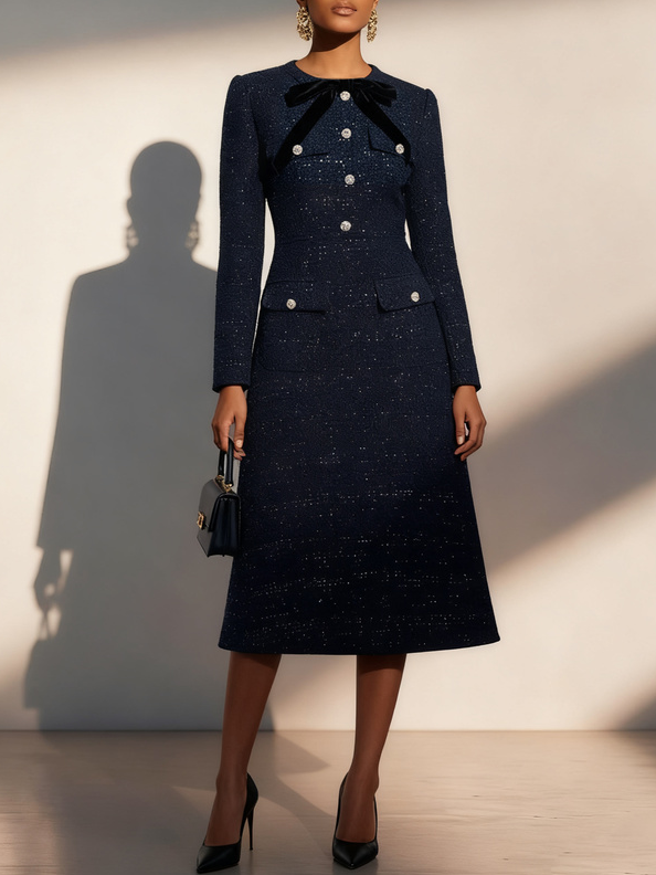 Dark Blue Bow Buckle Tweed Crew Neck Long Sleeve A-Line Midi Dress