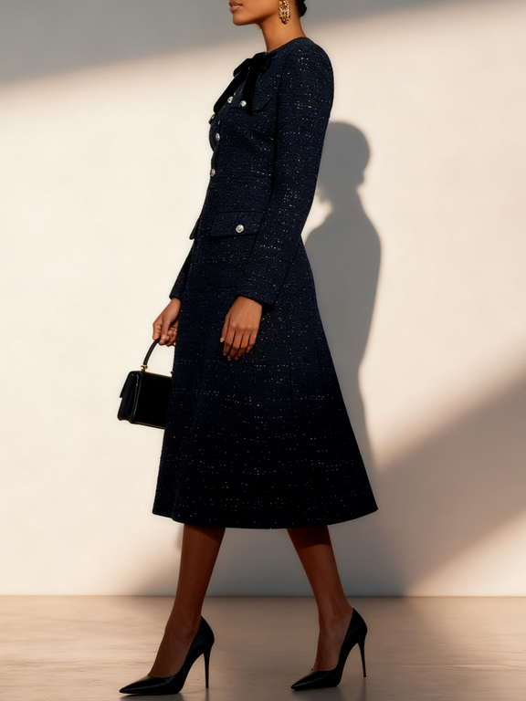 Dark Blue Bow Buckle Tweed Crew Neck Long Sleeve A-Line Midi Dress