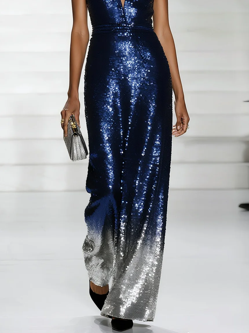 Navy Blue Ombre Sequin Deep V Neck Sleeveless Sheath Maxi Dress