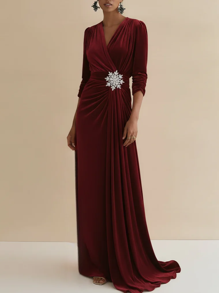Burgundy Rhinestone Ruched Velvet V Neck Long Sleeve A-Line Gown Dress