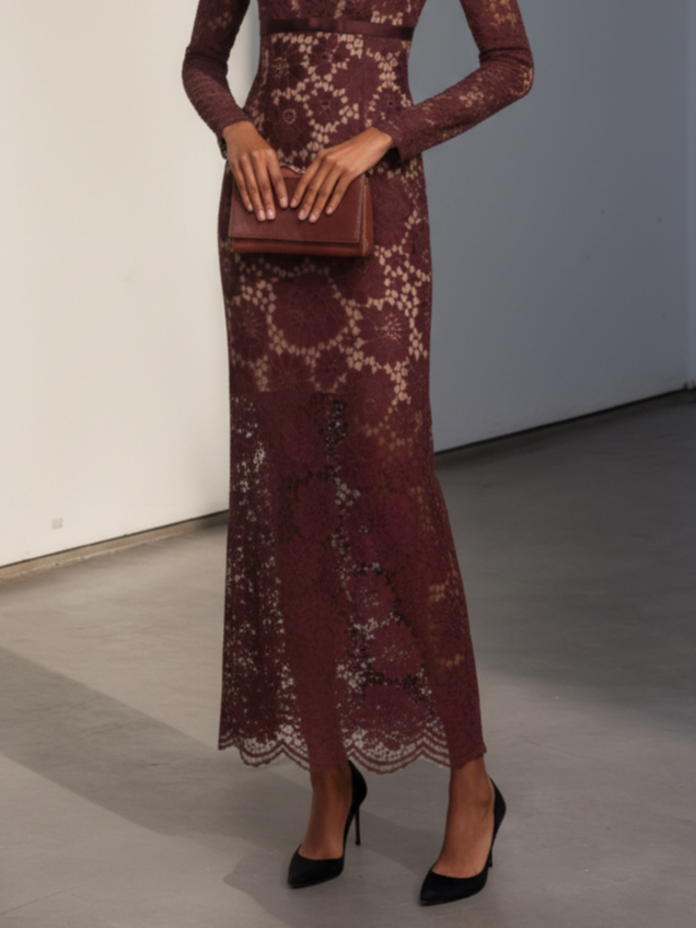 Burgundy Lace V Neck Long Sleeve Sheath Maxi Dress