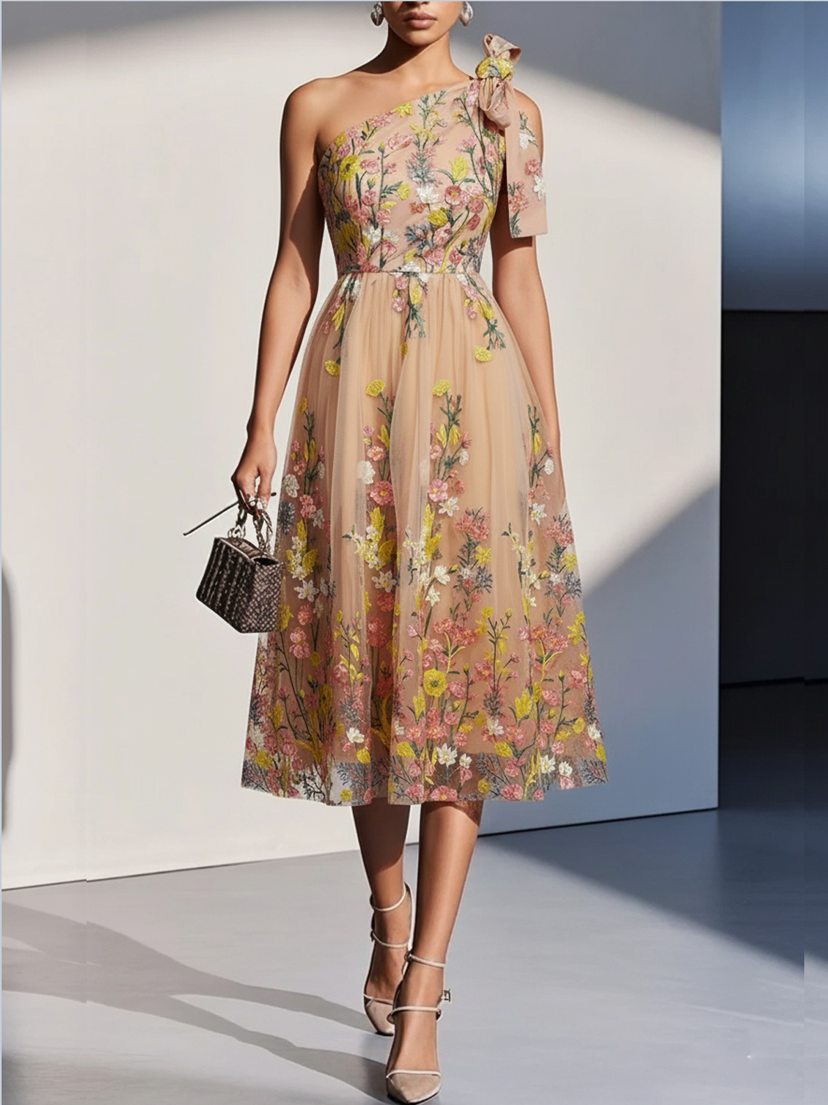 Green Embroidery Floral Classic One Shoulder Sleeveless A-Line Midi Dress