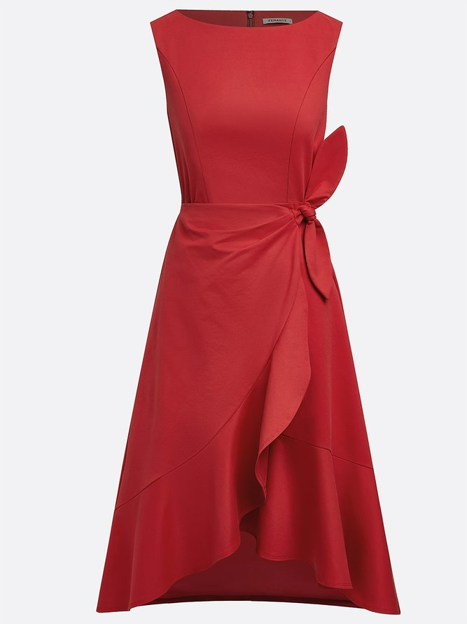 Red Asymmetric Ruffled Classic Boat Neck Sleeveless A-Line Midi Dress