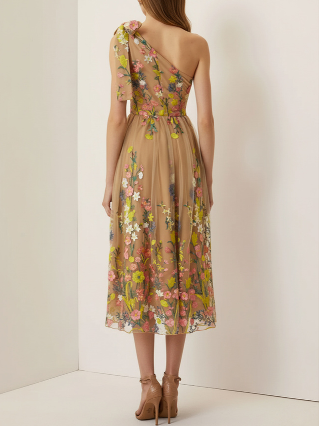 Green Embroidery Floral Classic One Shoulder Sleeveless A-Line Midi Dress