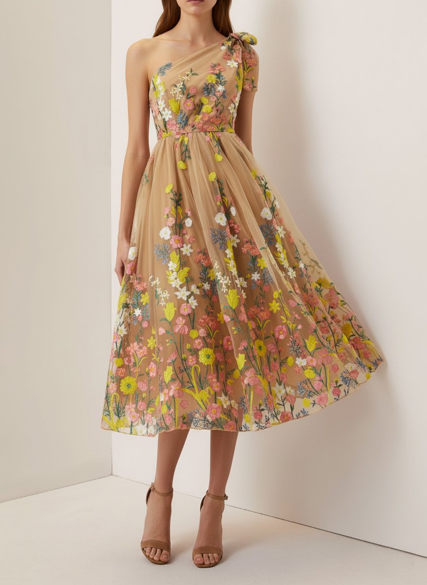 Green Embroidery Floral Classic One Shoulder Sleeveless A-Line Midi Dress