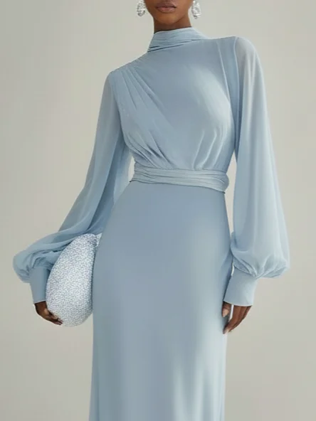Light Blue Chiffon Mock Neck Long Sleeve Balloon Sleeve A-Line Maxi Dress