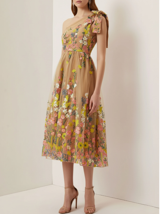 Green Embroidery Floral Classic One Shoulder Sleeveless A-Line Midi Dress