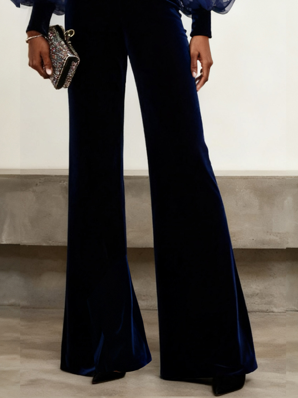 Women Navy Blue Velvet Split Joint Mesh Asymmetrical Long Sleeve Balloon Sleeve Dressy Jumpsuit