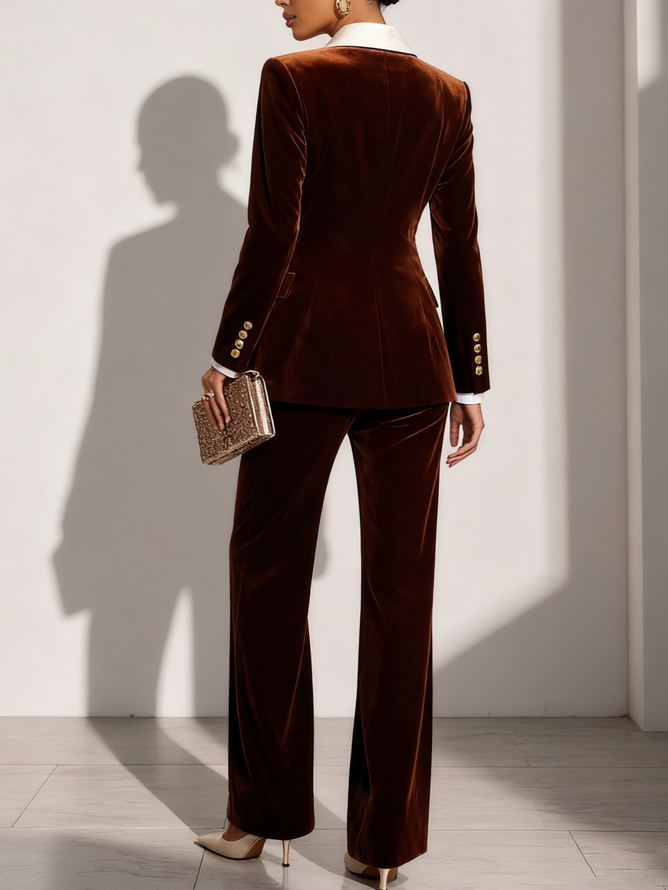 Women Brown Velvet Buckle Shawl Collar Long Sleeve Dressy Coat With Pants Two-Piece Set