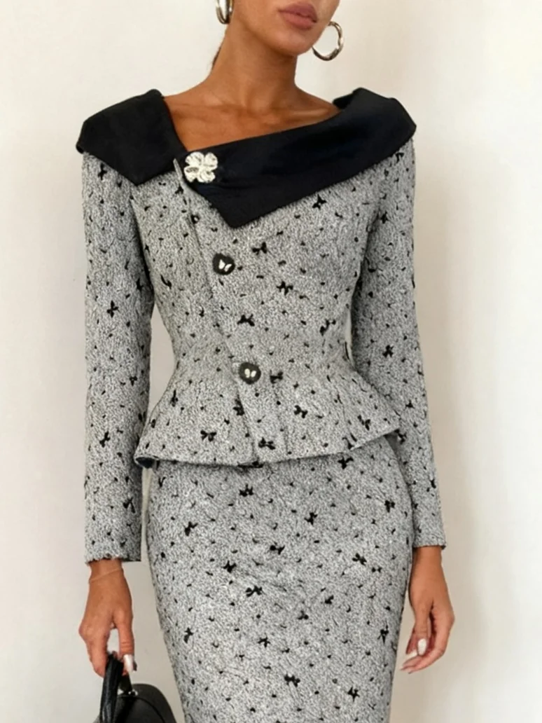 Gray Butterfly Buckle Asymmetrical Elegant Coat With Skirt Two-Piece Set