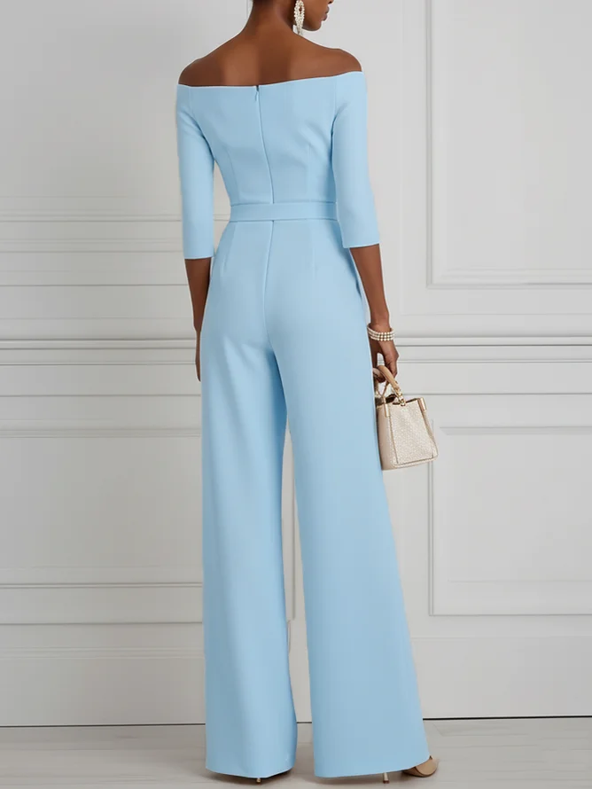 Women Light Blue Off The Shoulder Half Sleeve Dressy Jumpsuit With Pockets