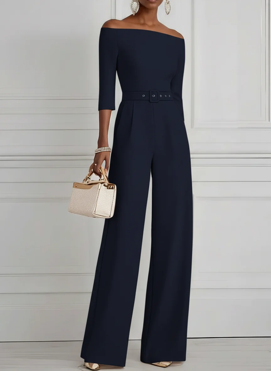 Women Purplish blue Off The Shoulder Half Sleeve Dressy Jumpsuit With Pockets