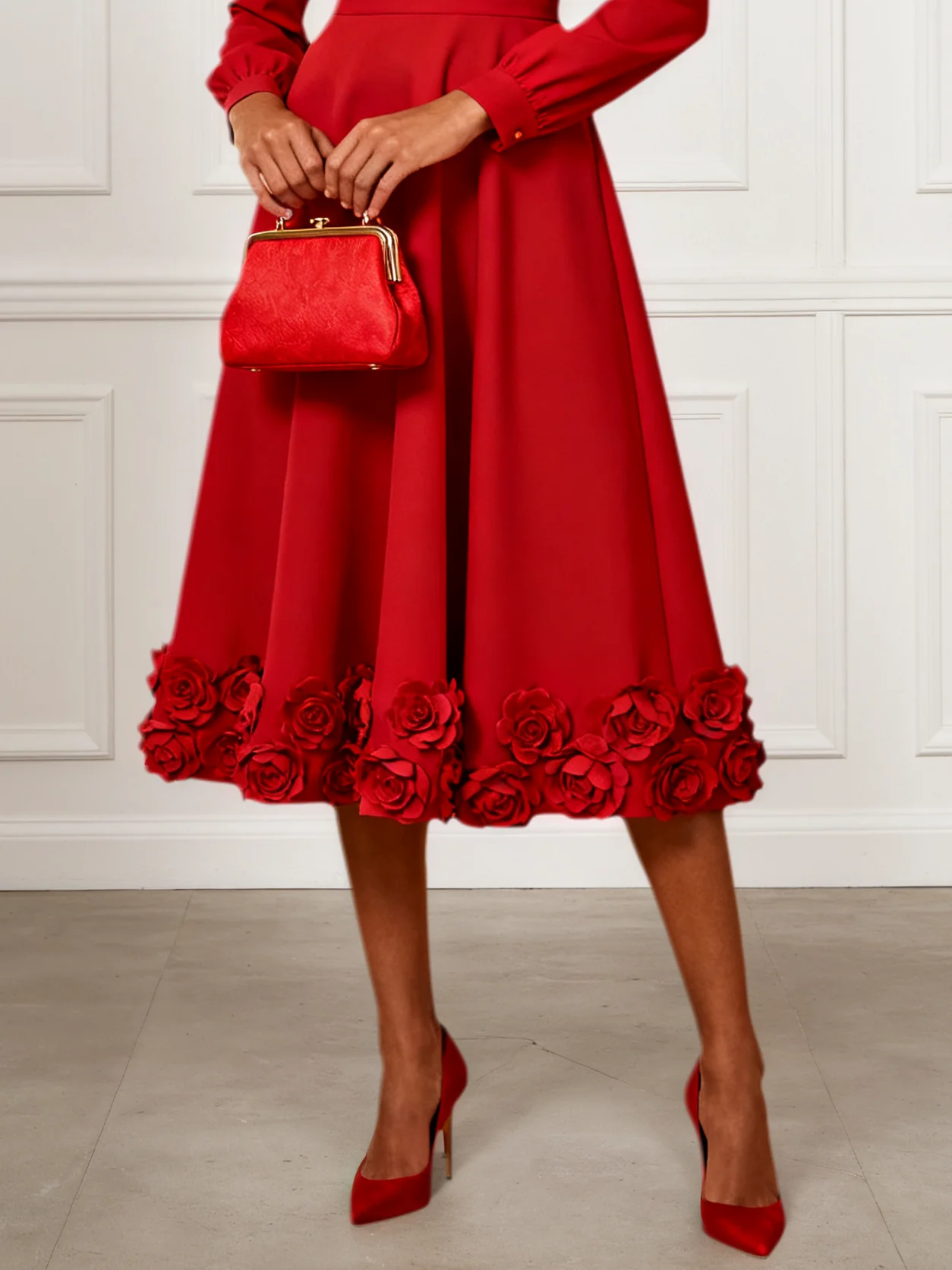 Red 3D Floral Classic V Neck Long Sleeve A-Line Midi Dress