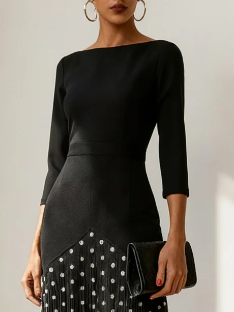 Black Pleated Polka Dots Classic Boat Neck Three Quarter Sleeve A-Line Midi Dress