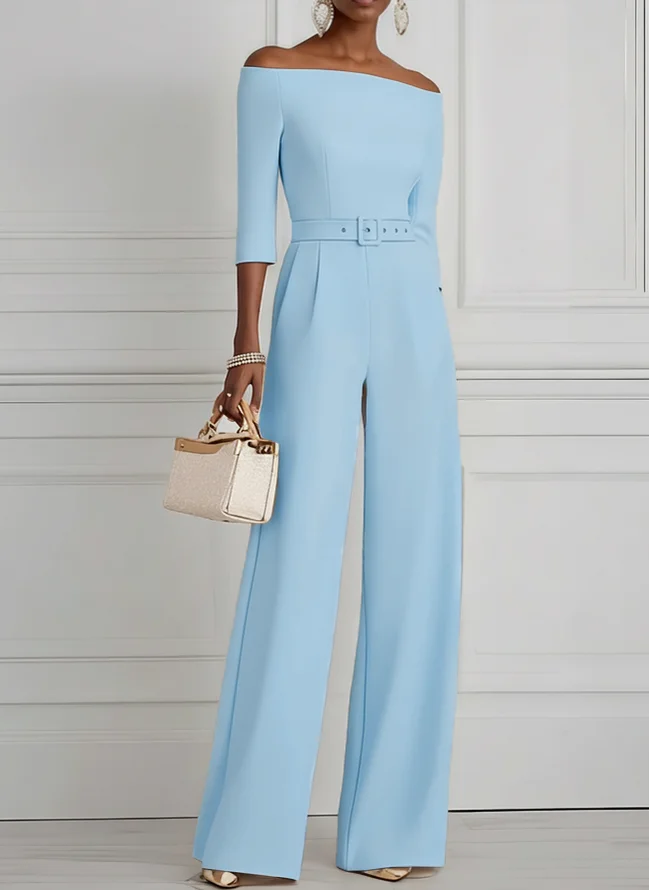 Women Light Blue Off The Shoulder Half Sleeve Dressy Jumpsuit With Pockets