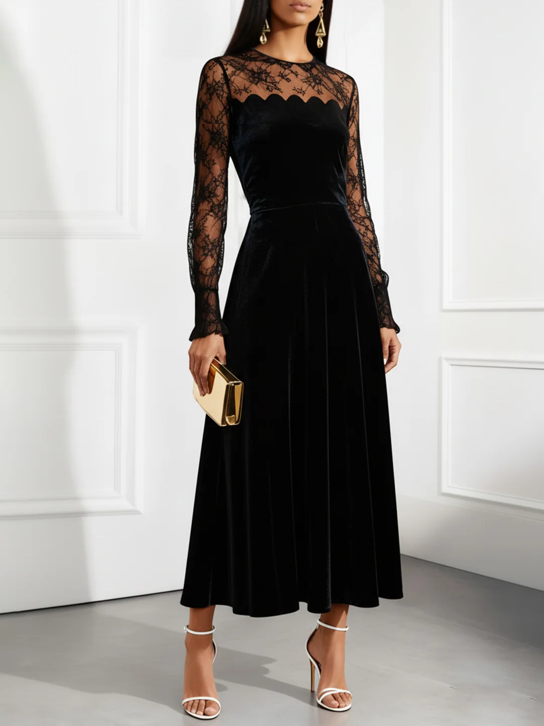 Black Lace Split Joint Velvet Crew Neck Long Sleeve A-Line Maxi Dress