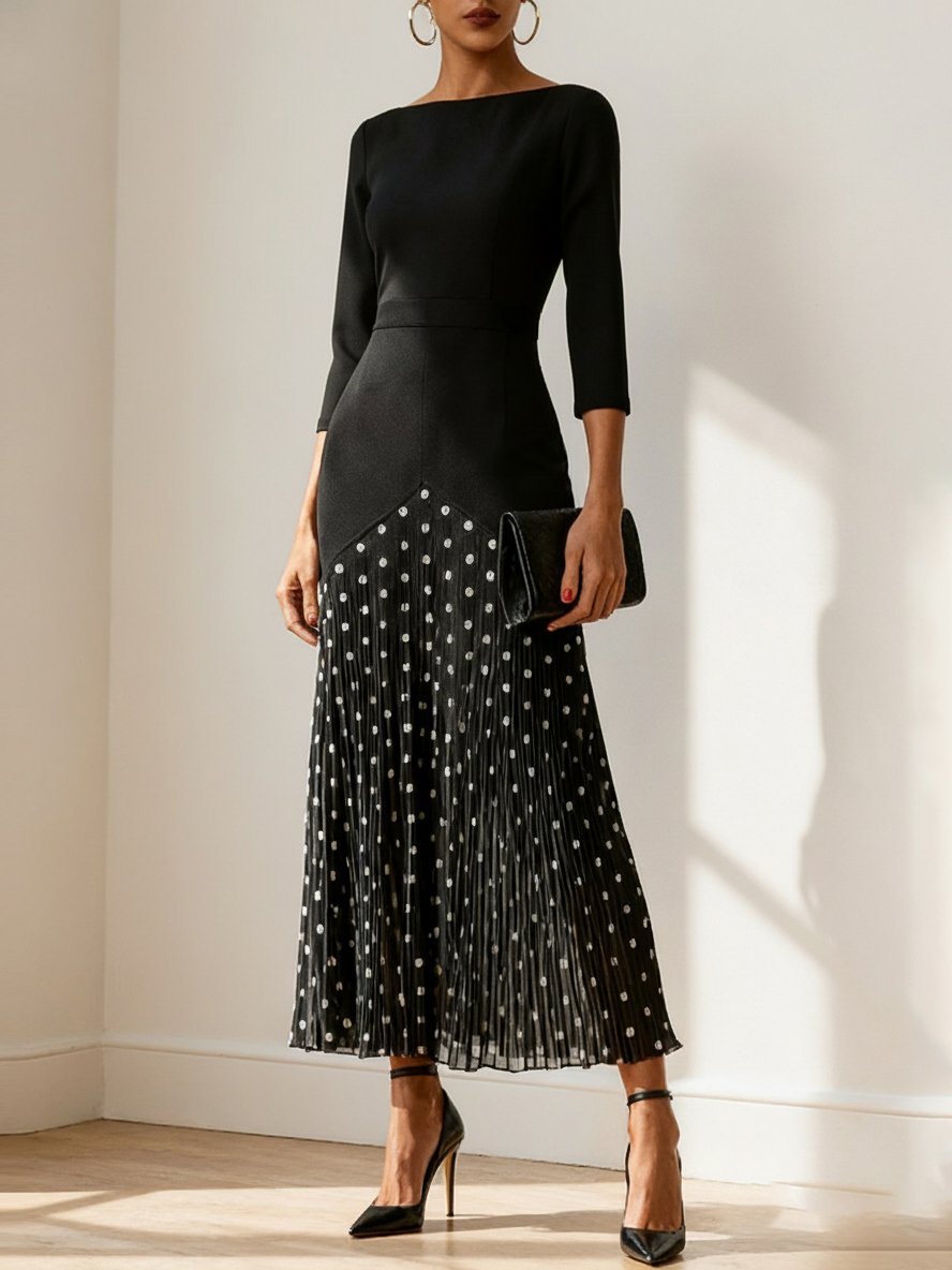 Black Pleated Polka Dots Classic Boat Neck Three Quarter Sleeve A-Line Midi Dress