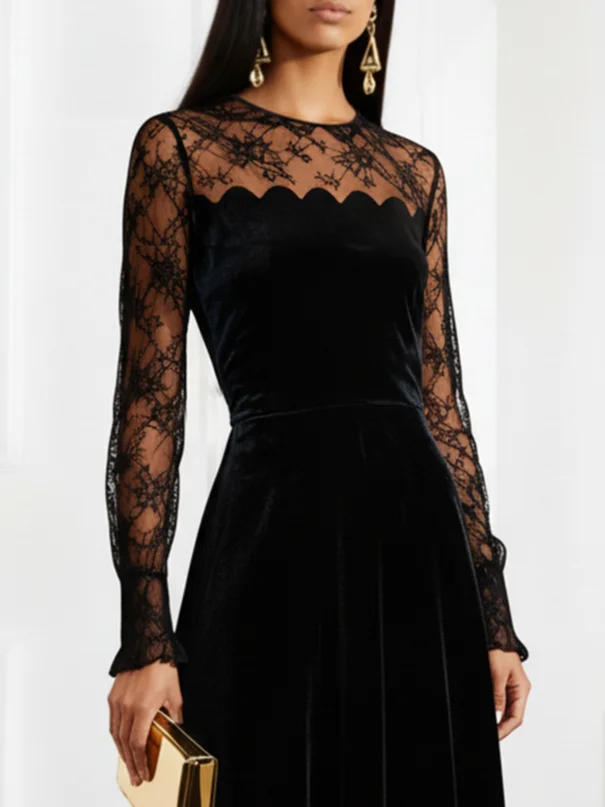Black Lace Split Joint Velvet Crew Neck Long Sleeve A-Line Maxi Dress